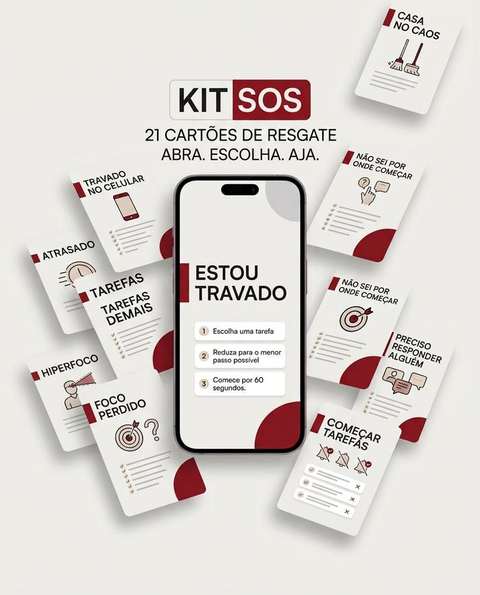 Mockup do celular 'Estou travado' cercado pelos 21 cartões de resgate do Kit SOS.