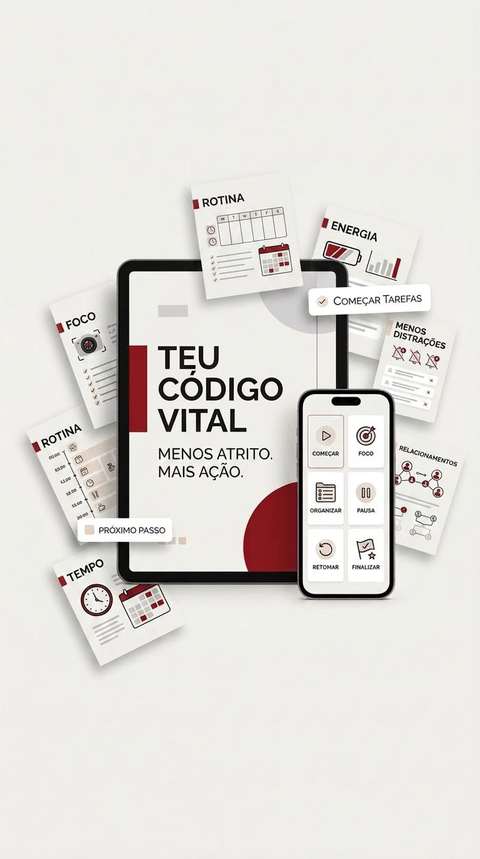 Tablet e celular exibindo o app Teu Código Vital, cercados por cards de rotina, foco, energia, menos distrações, relacionamentos e tempo.